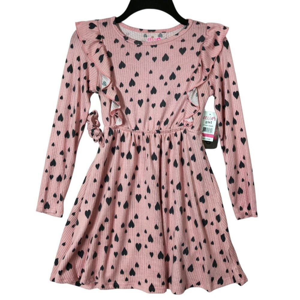 dELiAs Girl Heart Ruffled Soft Long Sleeve Knit Dress Pink Gray Size 10-12